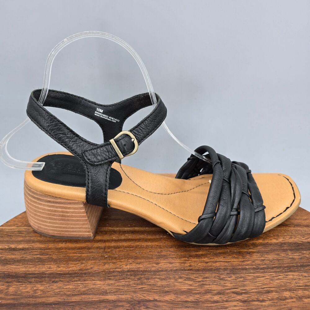 Born Sandals Womens 10 M Black Leather Block Heel Ankle Strap Buckle Shonie